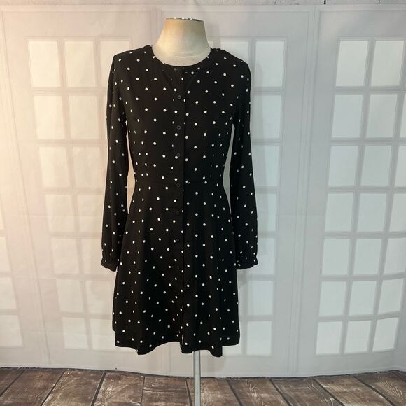 LOFT Dresses & Skirts - Loft Black White Polka Dot Long Sleeve Mini Button Down Shirt Dress Size 2